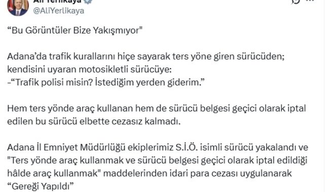 Ters yönde araç kullanan ve daha önce ehliyeti iptal edilen sürücüye idari para cezası