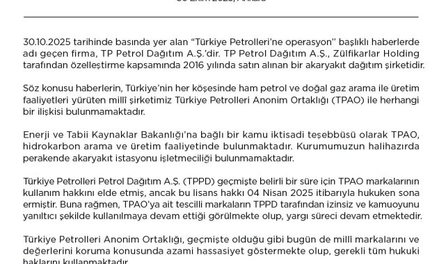 TPAO'dan 'Türkiye Petrolleri'ne Operasyon' başlıklı haberlere ilişkin açıklama