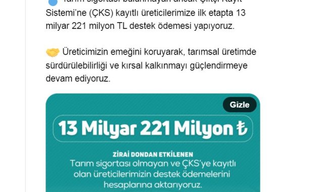 Zirai dondan etkilenen üreticilere 13 milyar 221 milyon lira destek