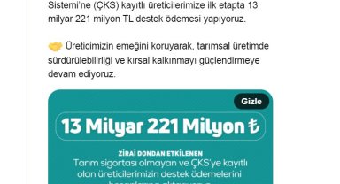 Zirai dondan etkilenen üreticilere 13 milyar 221 milyon lira destek