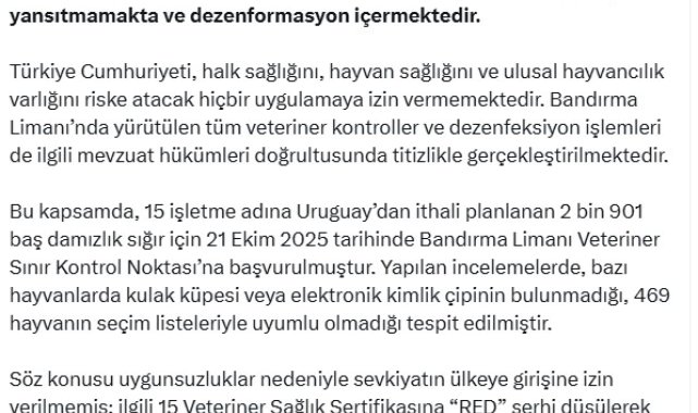 DMM: Bandırma Limanı'nda kaçak hayvanların ülkeye sokulduğu iddiaları asılsız