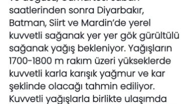 Güneydoğu Anadolu'nun Kuzey ve Doğusunda Kuvvetli Yağış Uyarısı