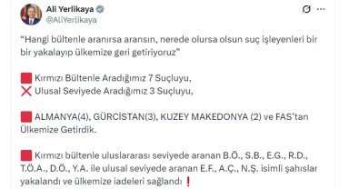 Kırmızı bültenle ve ulusal seviyede aranan 10 suçlu Türkiye'ye getirildi