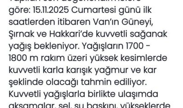 Meteoroloji Uyardı: Van, Hakkari ve Şırnak'a Kuvvetli Yağış Geliyor