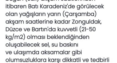 Meteoroloji Zonguldak, Düzce ve Bartın İçin Kuvvetli Yağış Uyarısı Yaptı
