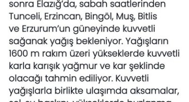 Meteoroloji'den Doğu Anadolu'nun Güney ve Batısı İçin Kuvvetli Yağış Uyarısı