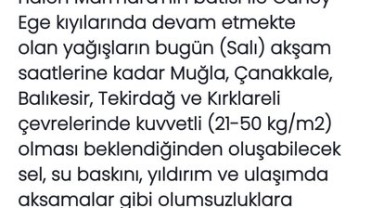 Muğla, Çanakkale ve Çevresine Kuvvetli Yağış Uyarısı Yapıldı