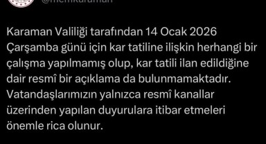 Karaman Valiliği'nden 14 Ocak Tarihli Kar Tatili Açıklaması