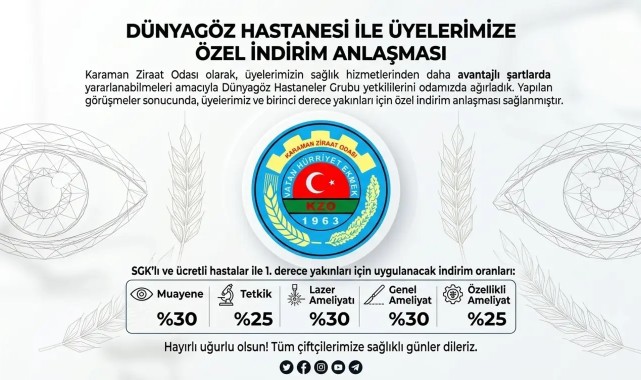 Karaman Ziraat Odası Üyelerine Özel Dünyagöz İndirimi Anlaşması