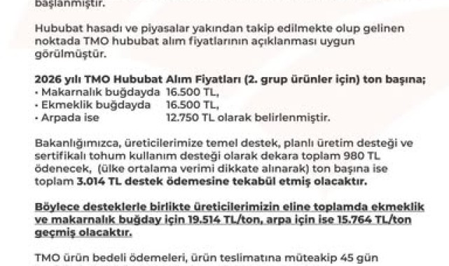 TMO 2026 Yılı Hububat Alım Fiyatlarını Açıkladı