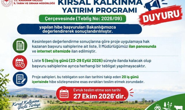 Karaman'da Kırsal Kalkınma Yatırım Programı Hibe Başvuruları Sonuçlandı